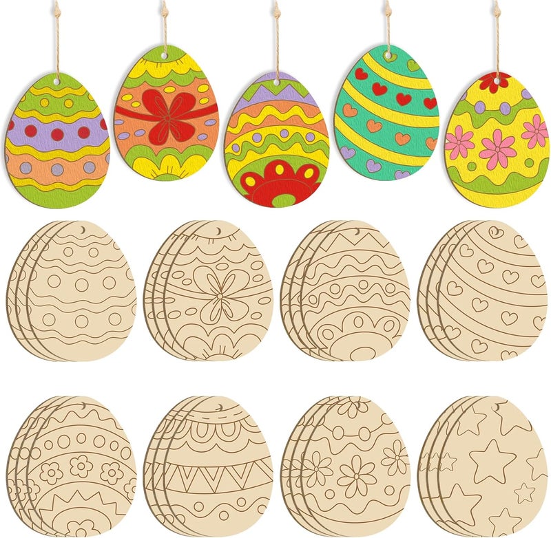 Sophena 24PCS Wooden Egg Ornaments to Paint Easter Decoration Cutouts Unfinished 8 Different Patterns, DIY Blank Unfinished Wood Discs Ornament for Home Crafts Hanging Spring Decoration 3.5 inches - Image 1